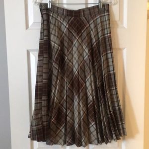 Vintage brown plaid pleated midi skirt